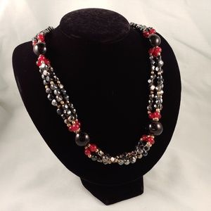 Long Glass Bead Multi-Strand Necklace 3 Strands Black Red Bronze Heavy Beads